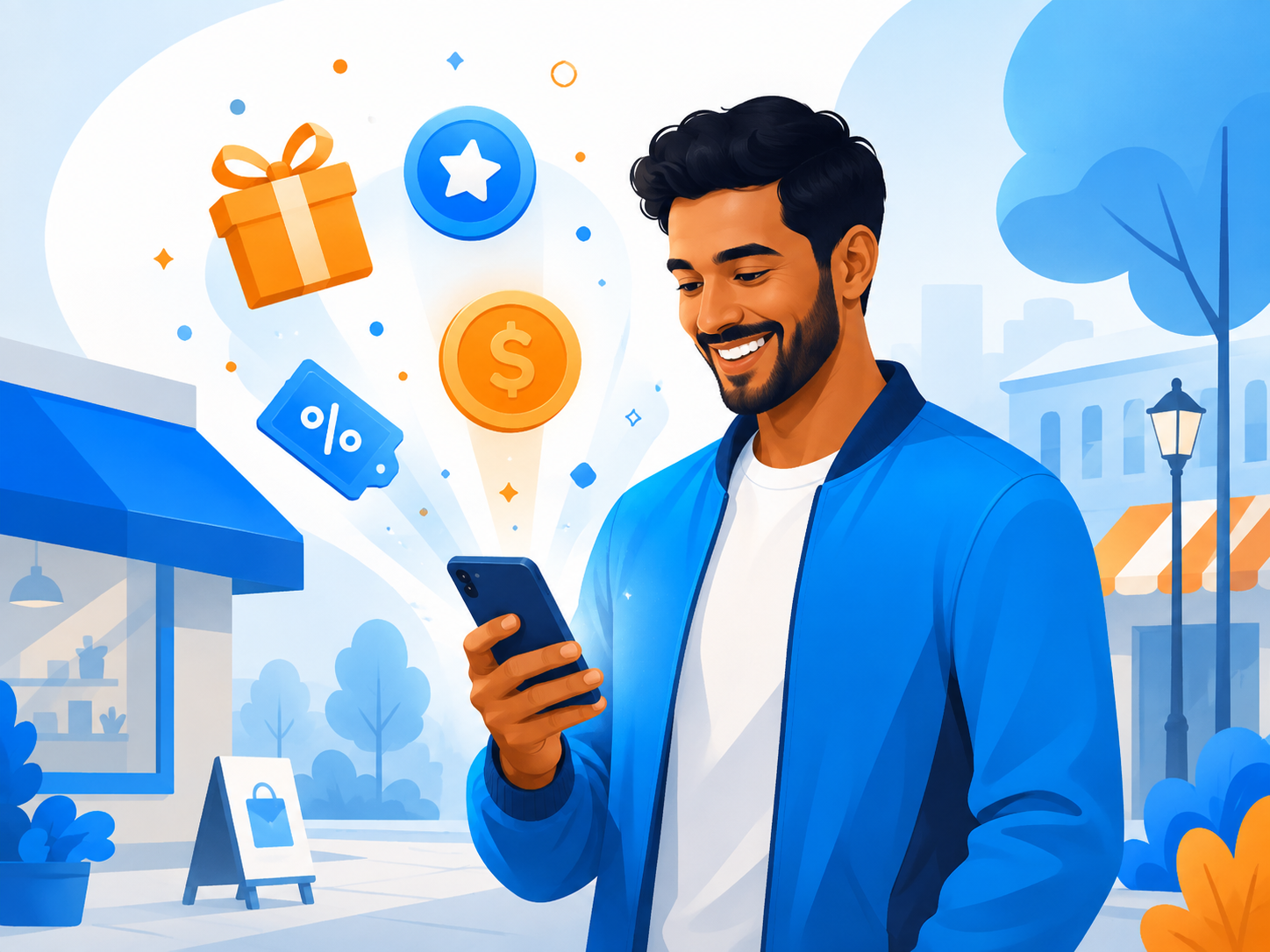 Illustrated customer discovering LoyaBuzz rewards on a phone