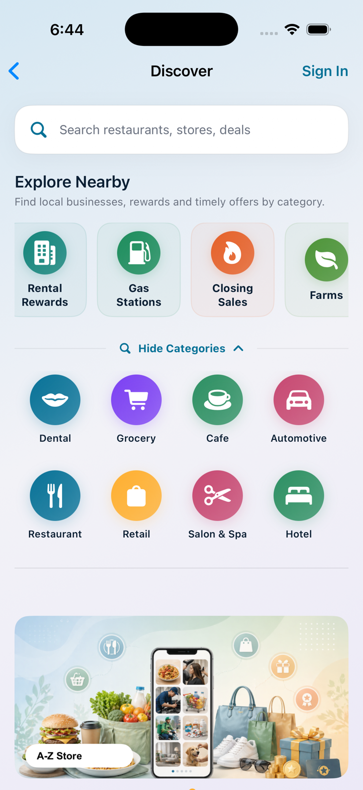 LoyaBuzz Discover screen with local loyalty offers